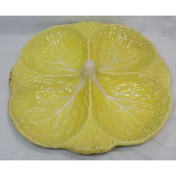 Vintage Portuguese Majolica Cabbage Leaf Yellow Divided Platter As Pictured - Picture 3 of 8